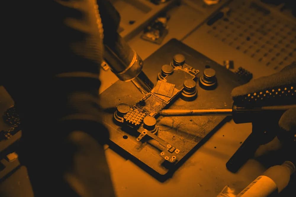 Microsolderen op een iPhone-moederbord onder de microscoop