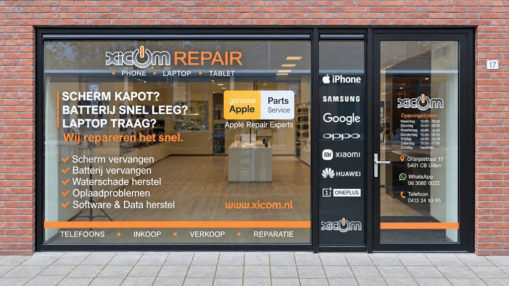 De gevel van Xicom aan de Oranjestraat 17 in Uden: een grote etalage met het Xicom-logo, de merken en de openingstijden op de deur